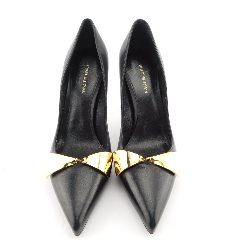 STUART WEITZMAN Gold Bow Embellishment Black Leather Heel Pumps 8.5